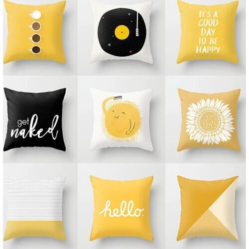 45x45cm Yellow Cushion Cover Plaid Flower Letters Print Sofa Pillow Cases Car Office Decorative Accessories Bedroom Home Decor