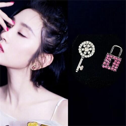 Asymmetrical Earrings Clip On Mini Rhinestones Key And Lock Trendy Stud No Pierced Ear Rings For Women Girls Ladies Accesories