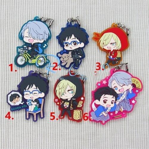 1pcs Anime Keychain YURI on ICE Victor Nikiforov Yuuri Katsuki Plisetsky Selfie Cycle Victor Funny Keyring Pendant Keychain