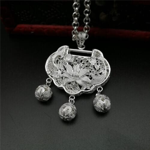 Bastiee Flower 999 Sterling Silver Locket Pendant Necklace Antique Jewelry Hollow Out Bell Vintage Handmade Pendants Lucky
