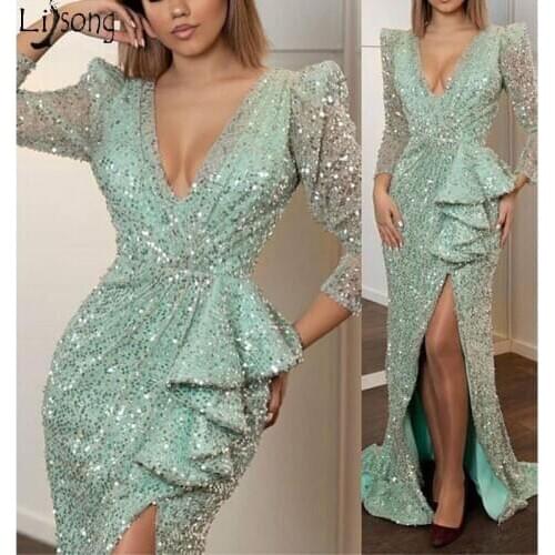 Sparkly Arabic Mermaid Evening Dress 2020 Long Sleeve High Split Mint Sequined Prom Dresses in Turkey Plus Size Formal Gowns