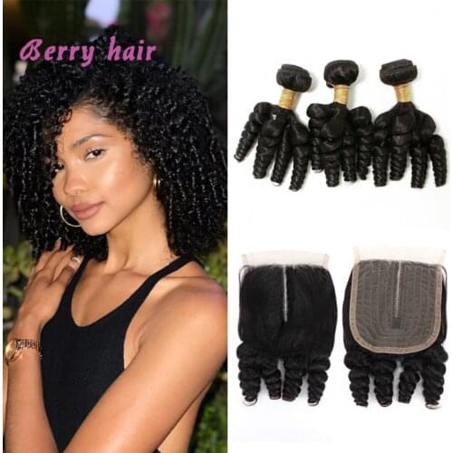 Brazilian Funmi Hair 3 Bundles Human Hair with Closure Remy Hair 100% Hair Bouncy Curl For Black Women Remy Hair Weave Extension