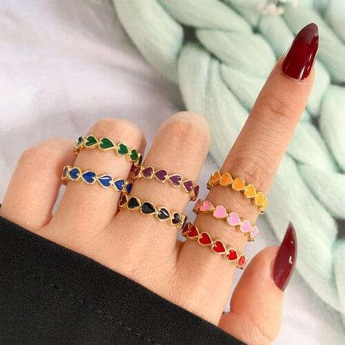 KISS WIFE Colorful Enamel Heart Stacking Matching Rings For Women Golden Couple Rings For Lover Trendy Jewelry Friend Gifts