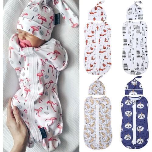 Baby Swaddle Blanket Animal Printed Newborn Baby Sleeping Bag +Hat 2pcs for 0-6 Months