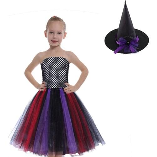 3-10 Years Girls Witch Costume Rainbow Kids Fairytale Witch Tutu Dress Children Carnival Halloween Disguise Ball Gown Dress