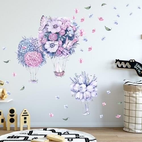 DIY Hot Air Balloon Shape Pink Flower Balls Decals Girls Bedroom Self-adhesive DIY Flowers Removable Wall Stickers