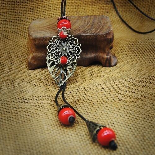 Statement Necklace For Women Ceramic Beads Long Tassel Vintage Hollow Flower Leaf Necklaces Sweater Chain Jewelry Accessories