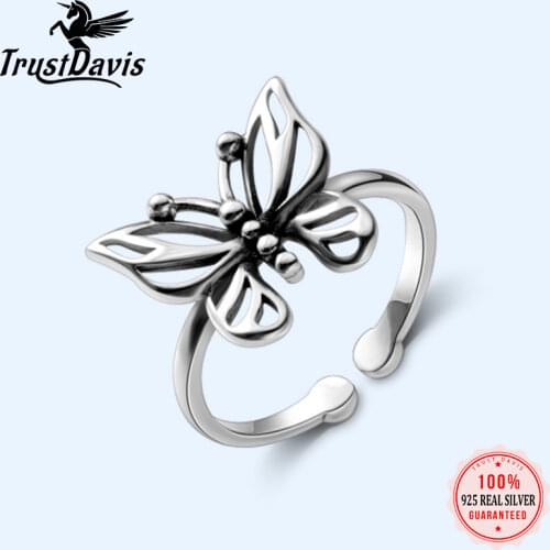 Trustdavis Real 925 Sterling Silver Minimalist Hollow Butterfly Opening Rings For Women Wedding Party Fine S925 Jewelry DA1379