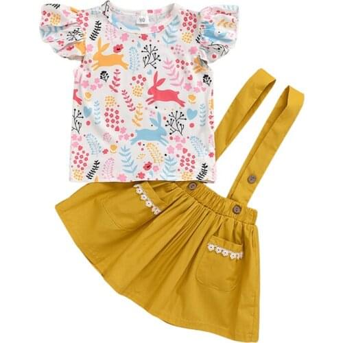 2021 Girl’s Clothes Set Two Pieces Suit Cartoon Easter Bunny Fly Sleeve T-shirt and Solid Color Suspender Skirt Summer Outfit