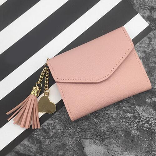 Short Wallet Tassel PU Leather Wallets Female Heart Pendant Hasp Coin Purse Mini Bag