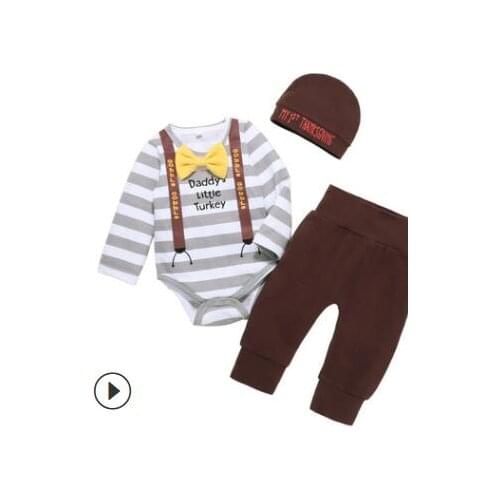 2021 3 Pcs Newborn Thanksgiving Day Outfits, Infant Stripe & Letter Print Romper with Bow Tie + Pants + Cap