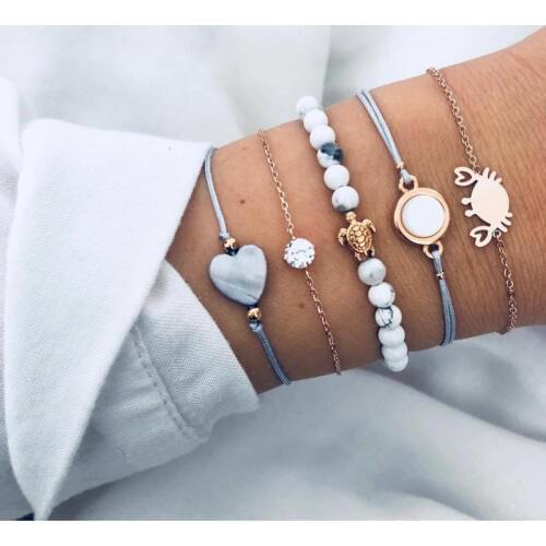 Fashion Natrual Stone Beaded Bracelets Set 5PCS Love Heart Crab Turtle Charm Bracelts & Bangles For Women Vintage Accessories