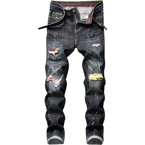 2021 New Design Pantalones Hombre Streetwear Elastic Pants Skinny Ripped Jeans Men