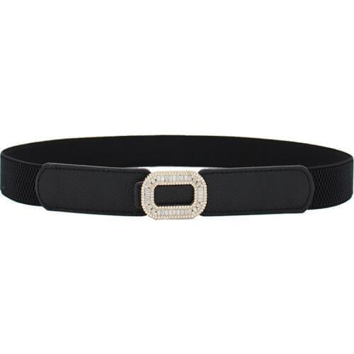 New Design Women Wide Elastic Waistband White Fashion Crystal Gold Alloy Buckle PU Leather Stretchy Waist Belts For Dress Black