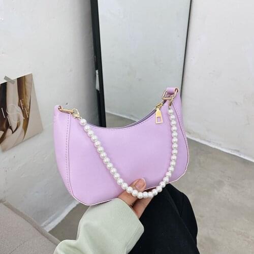 Solid Color Small Shoulder Bags For Women 2021 Soft PU Leather Underarm Bags Female Thick Pearl Chain Handbags And Purses bolso