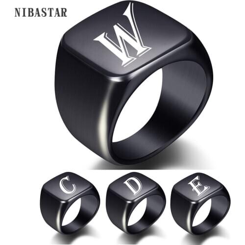 Personalised Initial Men Ring Engrave White A to Z Alphabet Stainless Steel Signet Blank Plain Ring Band Black Tone U.S.Size