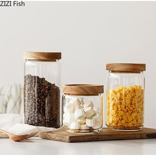 Simple Storage Tank Cylindrical Glass Glass Jars and Wooden Lids Candy Jar Storage Caddies Desktop Organizer Cereal Container