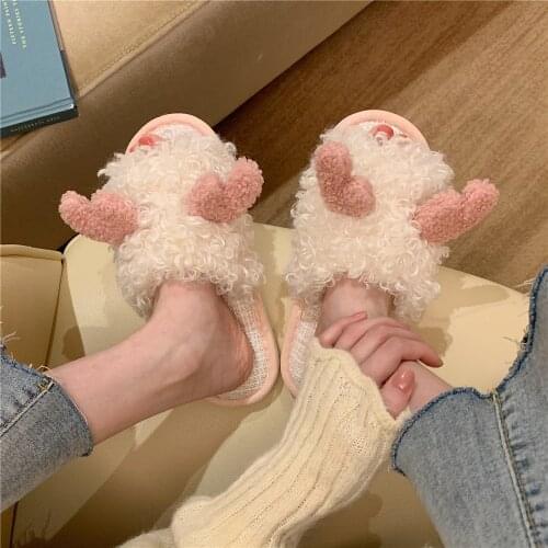 Korean Cute Warm Slippers Pink Fawn Home Flat Plush Slippers Comfy Fuzzy Slippers for Women Girls