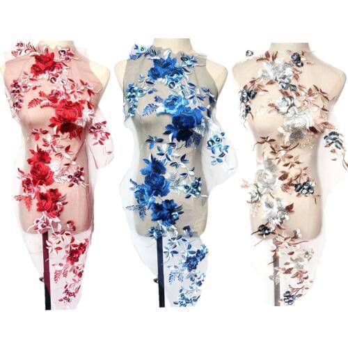 Blue Red Brown Embroidered Flower Leaves Branch Appliques Fabric Wedding Gown Lace Trims Mesh Sew Patch For Dress DIY Decoration