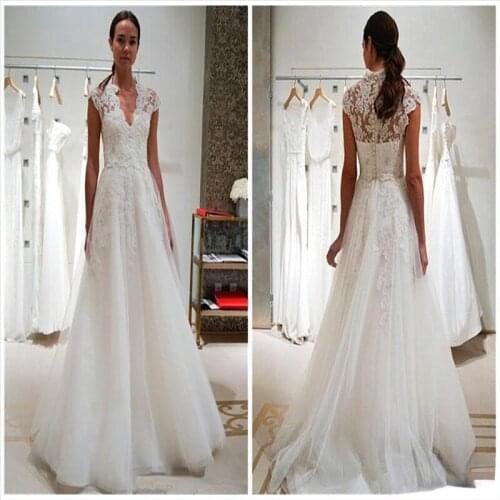 Elegant Appliqued A-lineTull Wedding Dress Lace Beach Bridal Gown Cheap Train Custom Made