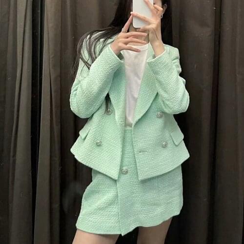 Textured Cropped Blazer Women Fashion Vintage Double Breasted With Pocket Stylish Notched Lapel Jacket Suit Sets