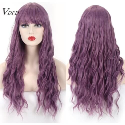 VDFD Long Loose Wave Purple Wig with Bangs Cosplay Synthetic Hair Red Curly Halloween Party Costume for Women