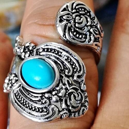 Vintage Blue Turquoises Rings for Women Bohemian Tibetan Carved Pattern Unique Design Ethnic Finger Ring Jewelry Accessories