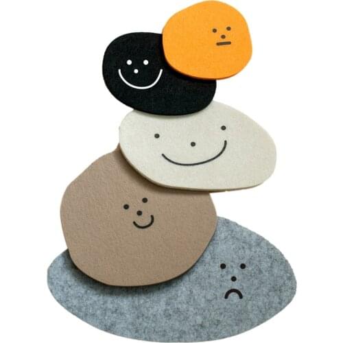 Felt Coaster Cute Shape Small Stone Table Insulation Pad Expression Coaster 5 Colors 5Pcs/Set
