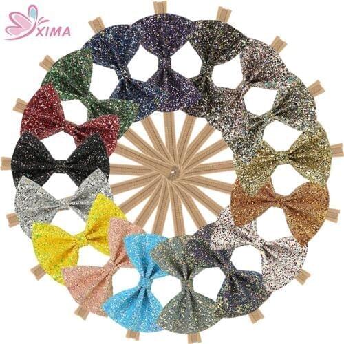 XIMA 17pcs/lot 4''PU Leather Sequins Bow Hair for Children Nylon Elastic Bands Toddlers Hairbands Girls Stretch Headbands