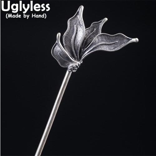 Uglyless Vintage Thai Silver Leaves Hair Jewelry for Women Handmade 925 Silver Leaf Hair Sticks Asian Stylish Hair Accessories