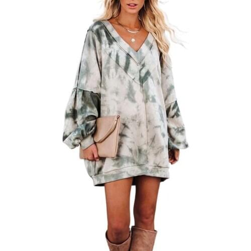 2021 Spring New Popular Tie Dye Printing Long Sleeve V-neck Loose Casual Home Womens Sweatershirts