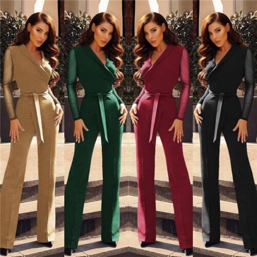 2020 Spring New Fashion Long Sleeve Polka Dots Polyester Patchwork Elegant Jumpsuit Women Body Femme Bodycon Jumpsuits Jump Suit