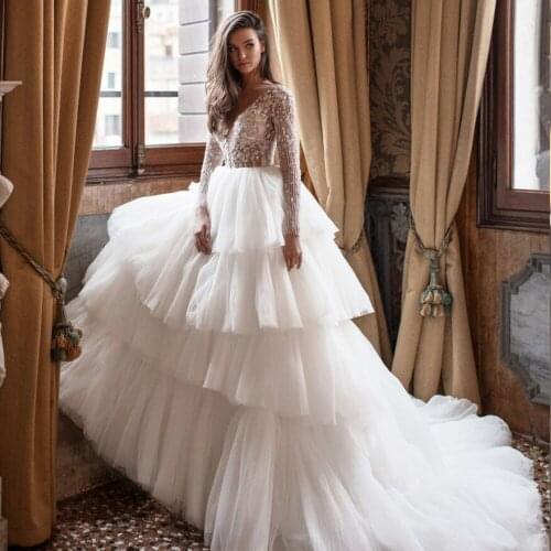 Vestido De Novia Beading Bodice Tulle Ball Gown Wedding Dress Tiered Skirt Robes De Mariage Long Sleeve Princess Abito Da Sposa
