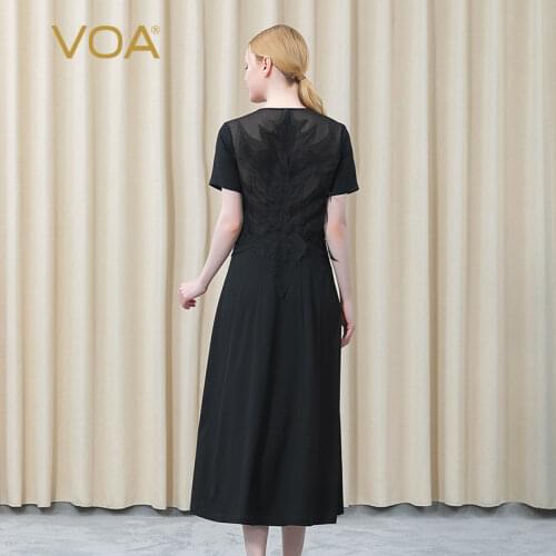 VOA Silk Black Square Collar Short Sleeve Three-dimensional Decoration In The Waist Micro-transparent Fashion Women Dress AE882