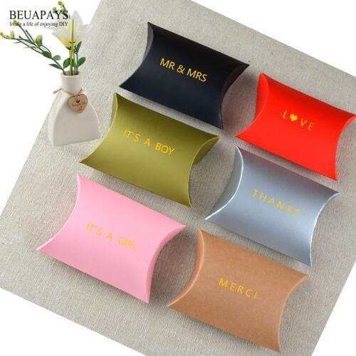 100pcs Personalized Pillow kraft paper candy box add name wedding MR & MRS baby shower its a boy its a girl thanks merci love