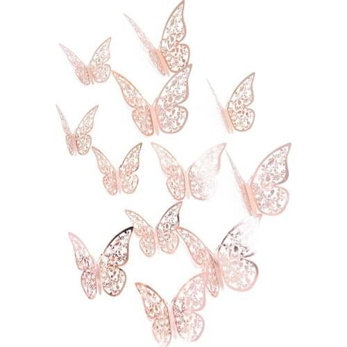 12Pcs/Set 3D Hollow Butterfly Multi-piece Wall Stickers Silver Gold Paper Stickers for Fridge Home Party Wedding Decor