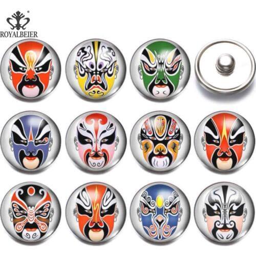 12pcs/lot Peking Opera Snap Button 18mm Glass Snaps Button Jewelry F Charms DIY Bracelet Necklace Snaps Jewelry