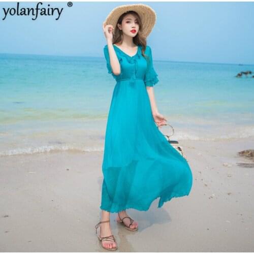 2020 New Summer Silk Dress Women Beach Long Dress Elegant Blue Maxi Party Dresses for Women Korean Vestidos Mujer 98005 KJ4574