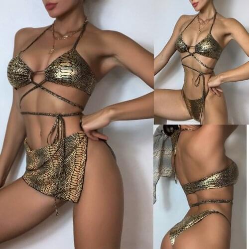 2021 bikini Leopard print three-piece suit Womens Bikini Three Piece Open Back Sexy Bright Gold Split Swimsuit Sexy halter F4