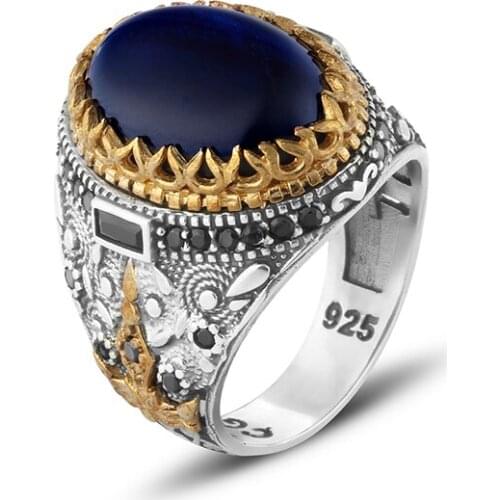 925 sterling Silver Male Ring Blue Tigers Eye Stone For Men