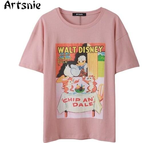 Artsnie pink casual cartoon print t shirt women summer o neck short sleeve tops femme streetwear oversized cotton t-shirts mujer