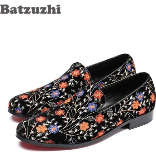 Batzuzhi Retro Fashion Mens Shoes Black Suede with Flowers Elegant Leather Mens Shoes Casual Zapatos de los Hombres, Size 38-46