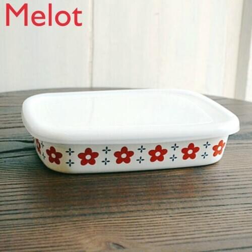 White with Printed Pattern Thick Plaid Enamel Storage Box Square Cooking Box Lunch Box Enamel Serving Plate Dish