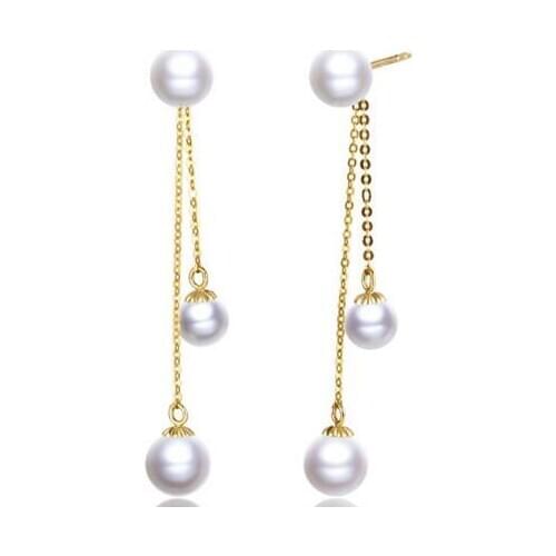 Free shipping luxury Noble jewelry Women 18 K Yellow Round Pearl Drop Dangle Chain Earrings Party Gift Jewelry