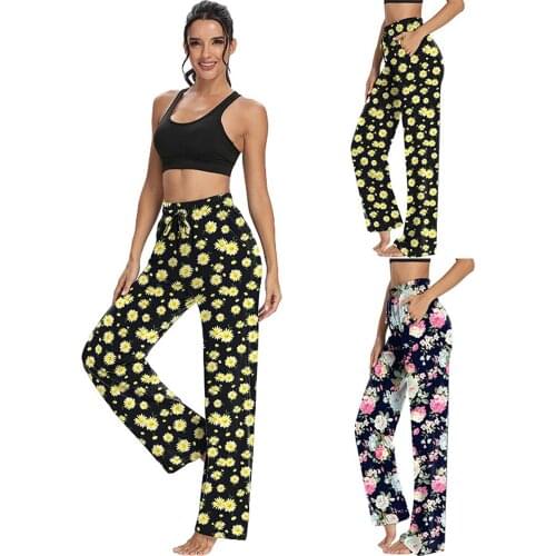 Floral Print Wide Leg Pants for Women Pocket High Waist Drawstring Casual Yoga Pants Sports Female Beach Straight Long Trousers