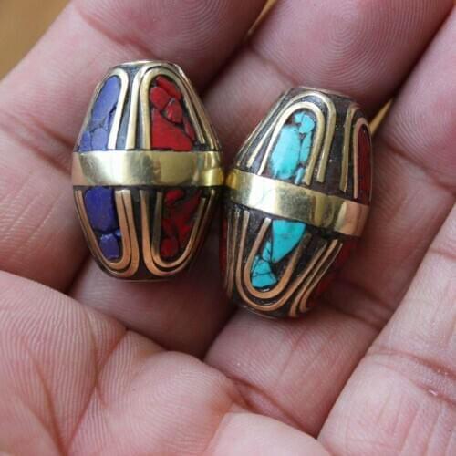 BD208 Handmade Nepal Beads Brass Lapis Coral Stone 28mm*18mm Colorful Loose Beads Tibetan Jewelry Accessories Bead 2 pieces Lots