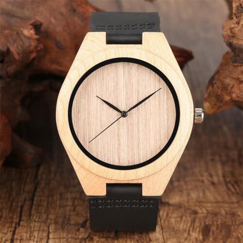 Simple Pure Maple Wooden Watch Mens Quartz Man Clock Black Analog Display Mens Genuine Leather Wrist Watch Fashion Wood Clock