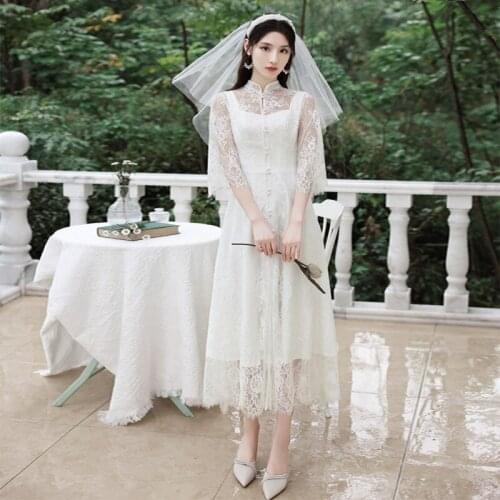 Elegant Embroidery Lace Half Sleeve Chiffon Evening Dress Cheongsam Back Zipper Prom Fomail Gown Vestidos De Noche