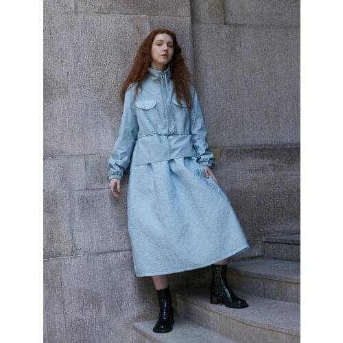 IRINACH267 FALL WINTER 2020 COLLECTION women loose long sleeve stand collar leather patchwork jacquard dress long