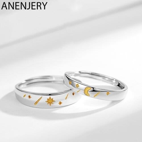 ANENJERY 925 Sterling Silver Sun Moon and Stars Couple Rings for Men and Women Open Pair Rings Best Gift S-R1046